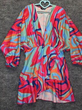 CHICME Dress Womens Large Multicolor Fit & Flare V Neck Ruffle Hem Dolman Sleeve